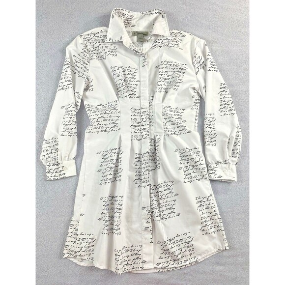 Spoon Jeans Long Sleeve Button Up Shirt Dress Women's Med White Black Script - Picture 2 of 16